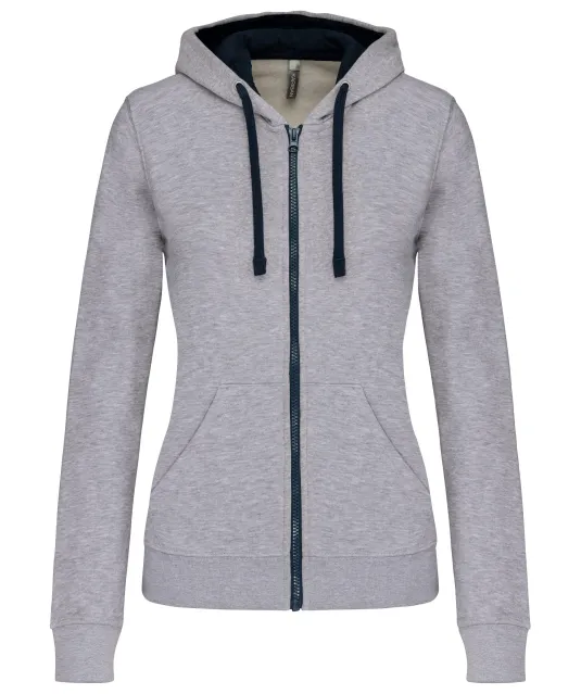 K467 - Damessweater met rits en capuchon in contrasterende kleur Oxford Grey / Navy
