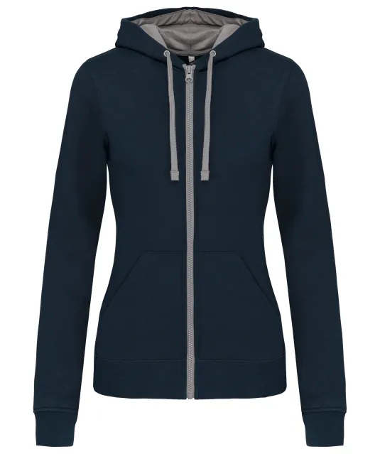 K467 - Damessweater met rits en capuchon in contrasterende kleur Navy / Fine Grey