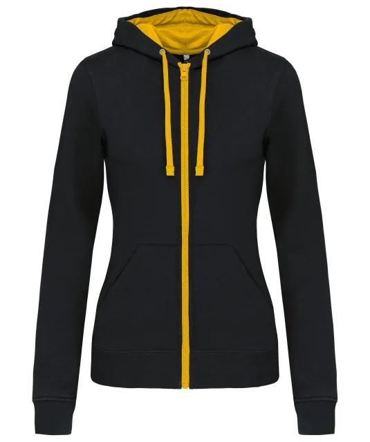 K467 - Damessweater met rits en capuchon in contrasterende kleur Black / Yellow