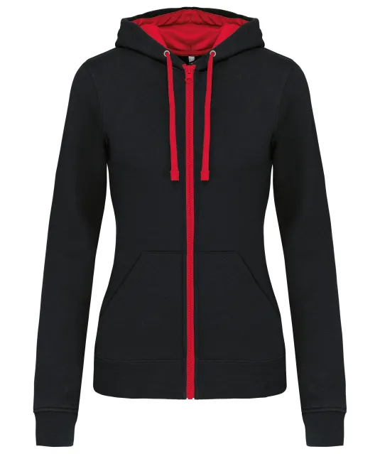 K467 - Damessweater met rits en capuchon in contrasterende kleur Black / Red