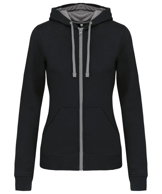 K467 - Damessweater met rits en capuchon in contrasterende kleur Black / Fine Grey