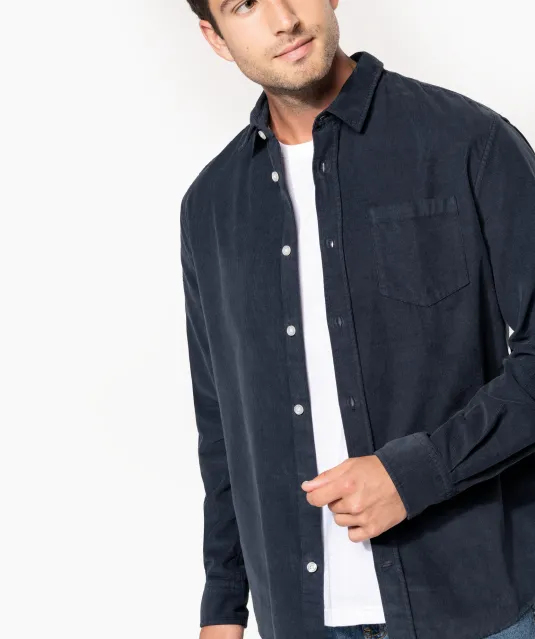 K599 - Heren overhemd met lange mouwen in ribfluweel Washed Brandy