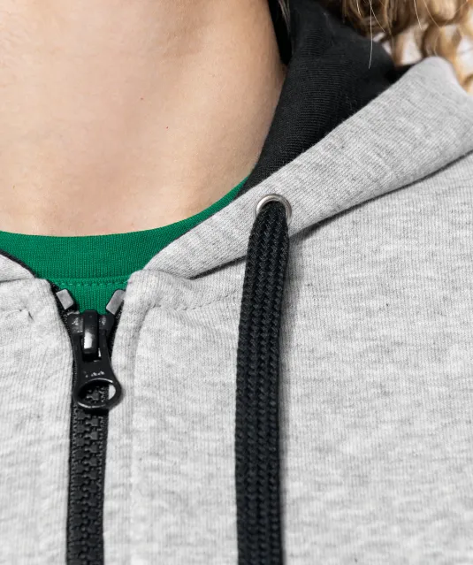 K467 - Damessweater met rits en capuchon in contrasterende kleur Black / Fine Grey