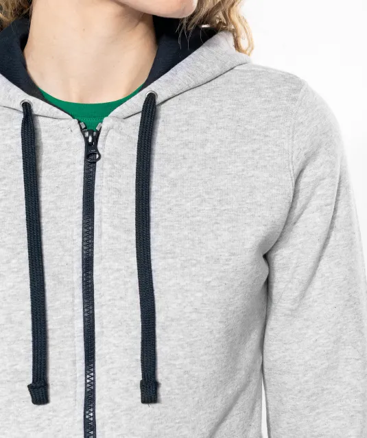 K467 - Damessweater met rits en capuchon in contrasterende kleur Black / Fine Grey