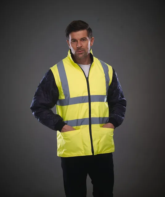 YHV008SL - Gewatteerd veiligheidsjasje met afneembare mouwen Hi Vis Orange / Navy