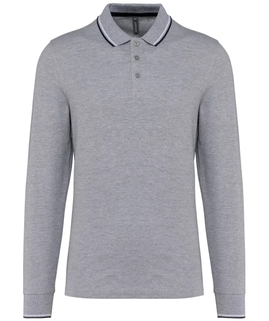 K280 - Heren polo van piquétricot met lange mouwen Oxford Grey / Navy / White