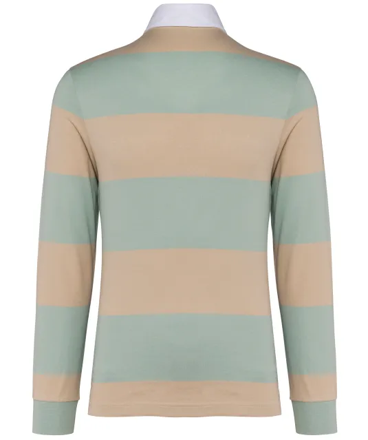 K285 - Gestreepte uniseks polo lange mouwen Sage / Light Sand Stripes