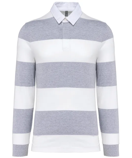 K285 - Gestreepte uniseks polo lange mouwen Oxford Grey / White Stripes