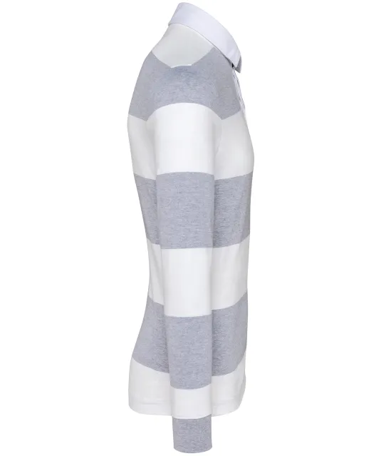 K285 - Gestreepte uniseks polo lange mouwen Oxford Grey / White Stripes
