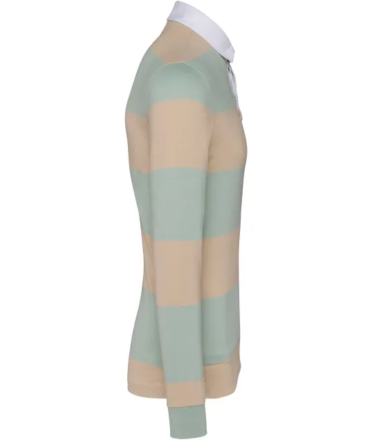 K285 - Gestreepte uniseks polo lange mouwen Sage / Light Sand Stripes