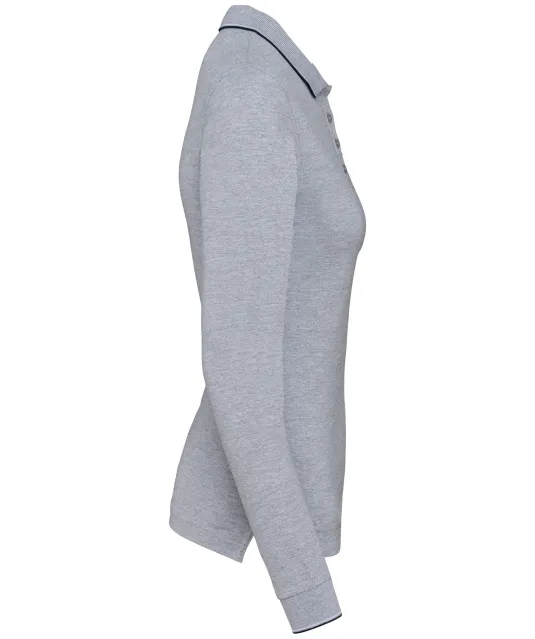 K281 - Dames polo van piquétricot met lange mouwen Oxford Grey / Navy / White