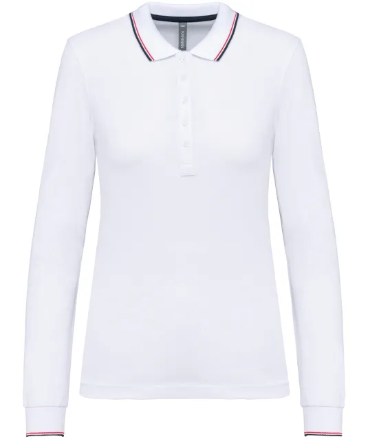 K281 - Dames polo van piquétricot met lange mouwen White / Navy / Red