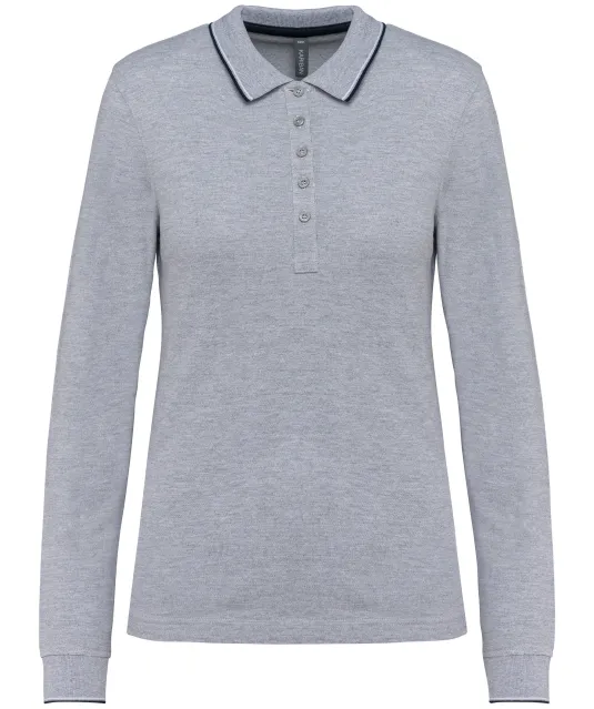 K281 - Dames polo van piquétricot met lange mouwen Oxford Grey / Navy / White
