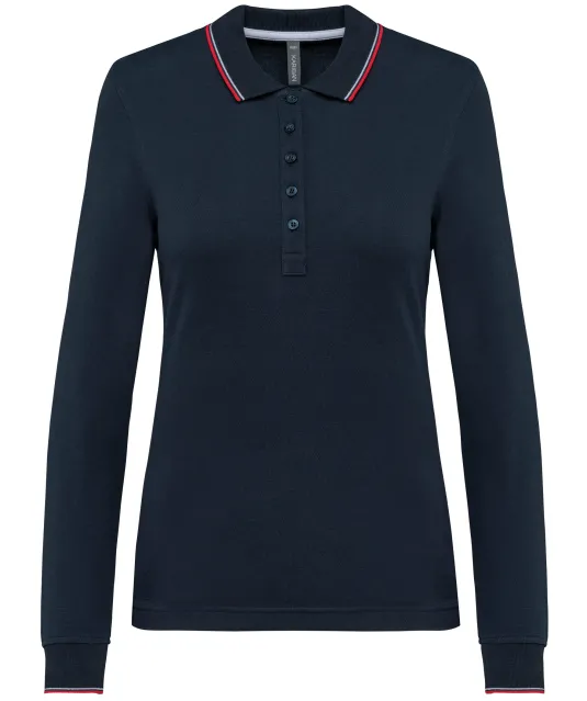 K281 - Dames polo van piquétricot met lange mouwen Navy / Red / White