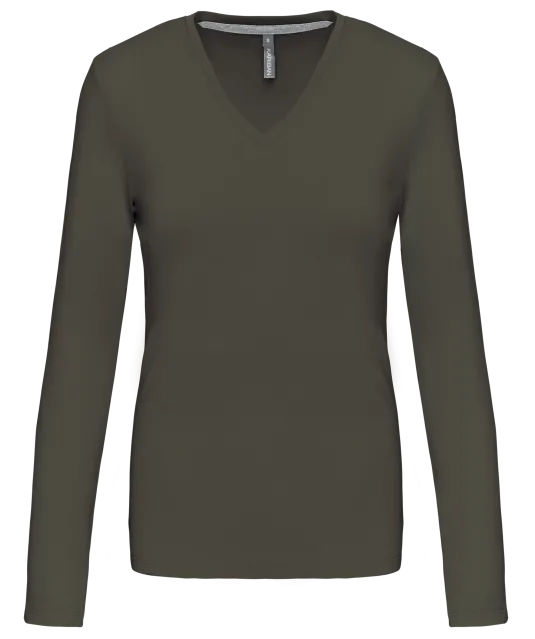 K382 - Dames t-shirt V-hals lange mouwen Dark Khaki