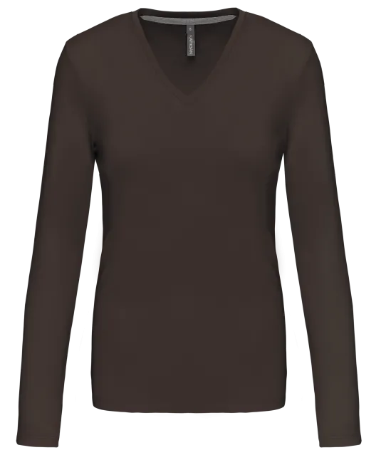K382 - Dames t-shirt V-hals lange mouwen Chocolate