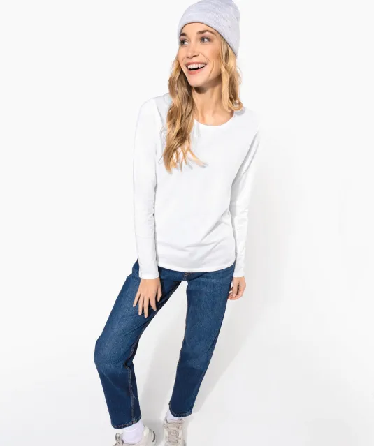K3017 - Dames-t-shirt ronde hals lange mouwen White