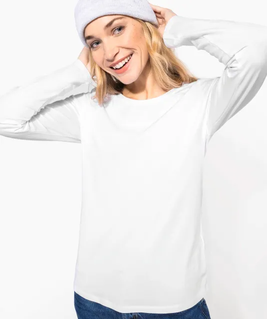 K3017 - Dames-t-shirt ronde hals lange mouwen White
