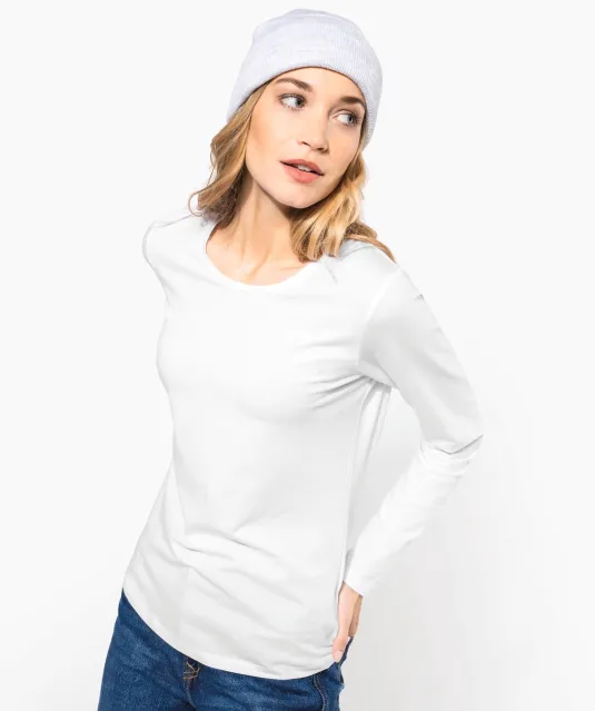 K3017 - Dames-t-shirt ronde hals lange mouwen White
