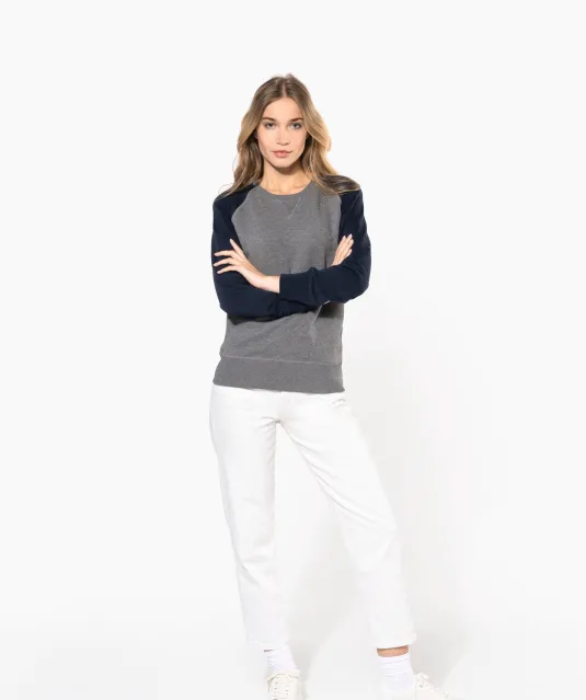 K492 - Tweekleurige damessweater French Terry BIO ronde hals raglanmouwen French Navy Heather / Grey Heather