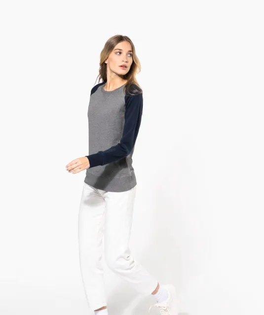 K492 - Tweekleurige damessweater French Terry BIO ronde hals raglanmouwen French Navy Heather / Grey Heather