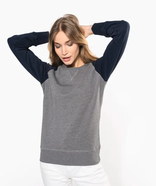 K492 - Tweekleurige damessweater French Terry BIO ronde hals raglanmouwen French Navy Heather / Grey Heather