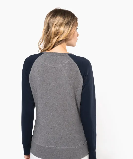 K492 - Tweekleurige damessweater French Terry BIO ronde hals raglanmouwen French Navy Heather / Grey Heather