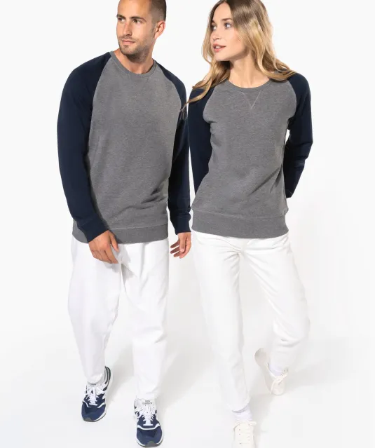 K491 - Tweekleurige herensweater BIO French Terry ronde hals raglanmouwen French Navy Heather / Grey Heather