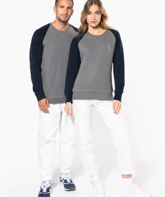 K491 - Tweekleurige herensweater BIO French Terry ronde hals raglanmouwen French Navy Heather / Grey Heather