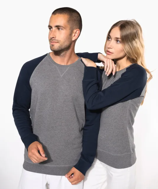 K491 - Tweekleurige herensweater BIO French Terry ronde hals raglanmouwen French Navy Heather / Grey Heather