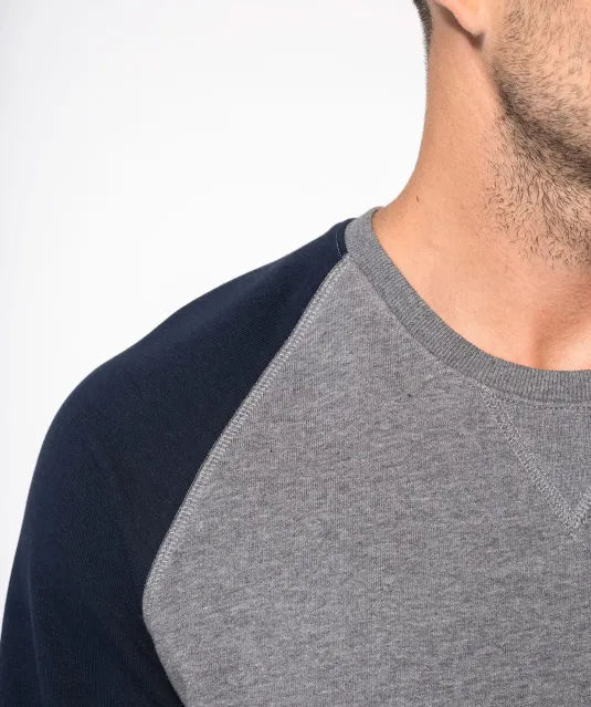 K491 - Tweekleurige herensweater BIO French Terry ronde hals raglanmouwen French Navy Heather / Grey Heather