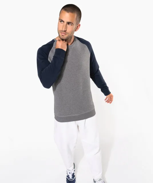 K491 - Tweekleurige herensweater BIO French Terry ronde hals raglanmouwen French Navy Heather / Grey Heather