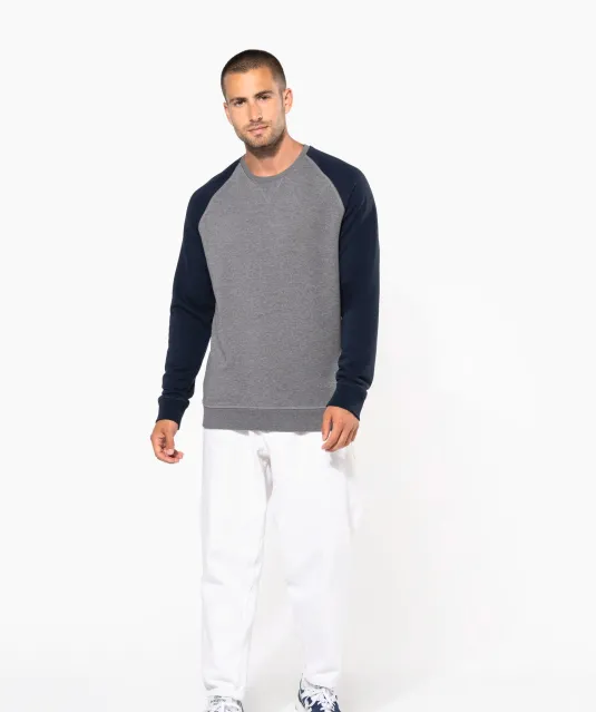 K491 - Tweekleurige herensweater BIO French Terry ronde hals raglanmouwen French Navy Heather / Grey Heather