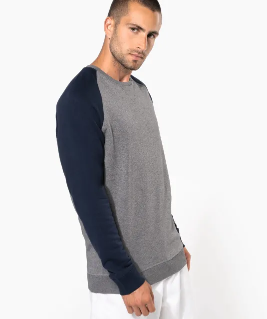 K491 - Tweekleurige herensweater BIO French Terry ronde hals raglanmouwen French Navy Heather / Grey Heather