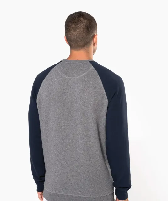 K491 - Tweekleurige herensweater BIO French Terry ronde hals raglanmouwen French Navy Heather / Grey Heather