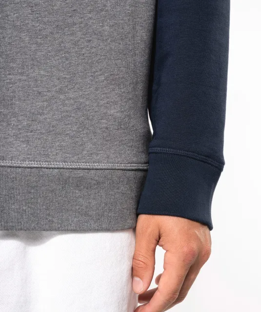 K491 - Tweekleurige herensweater BIO French Terry ronde hals raglanmouwen French Navy Heather / Grey Heather