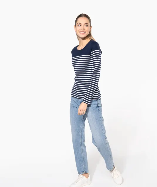 K386 - Gestreept dames-t-shirt lange mouwen White / Navy Stripes