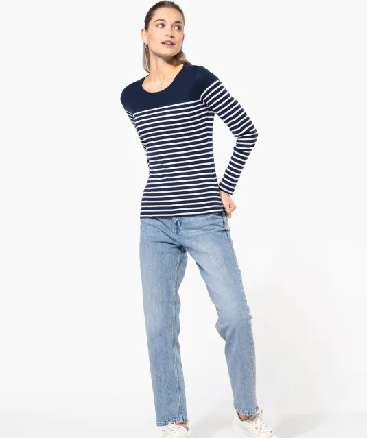 K386 - Gestreept dames-t-shirt lange mouwen White / Navy Stripes