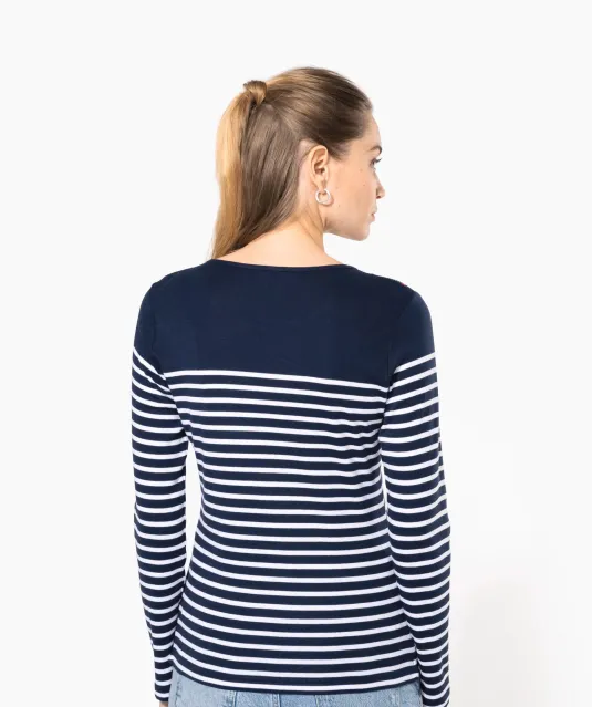 K386 - Gestreept dames-t-shirt lange mouwen White / Navy Stripes