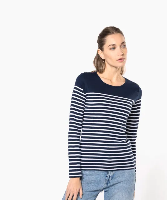 K386 - Gestreept dames-t-shirt lange mouwen White / Navy Stripes