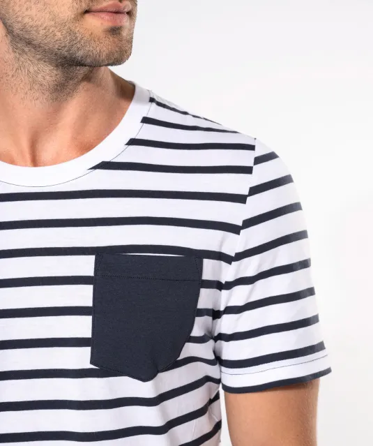 K378 - Gestreept T-shirt met zak en korte mouwen White / Navy Stripes