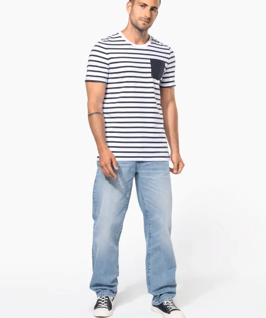 K378 - Gestreept T-shirt met zak en korte mouwen White / Navy Stripes