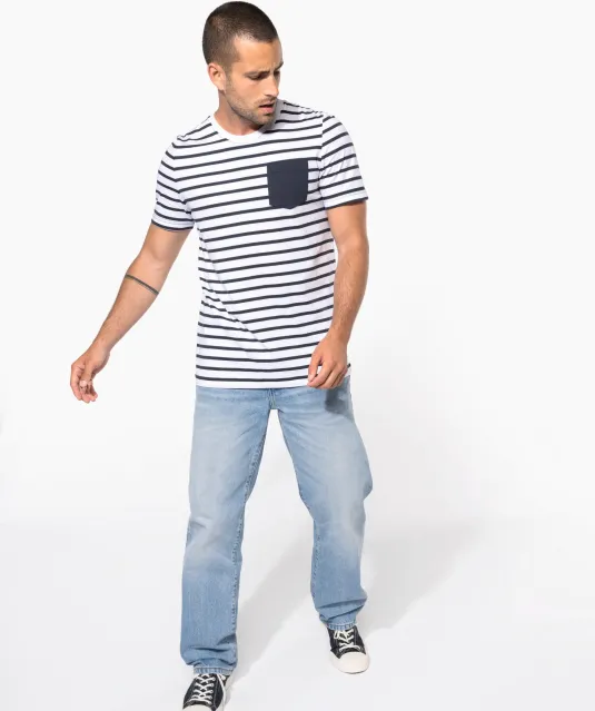 K378 - Gestreept T-shirt met zak en korte mouwen White / Navy Stripes