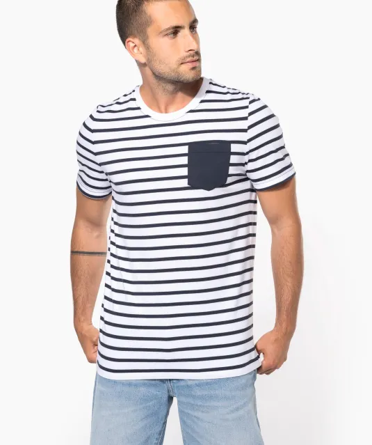 K378 - Gestreept T-shirt met zak en korte mouwen White / Navy Stripes