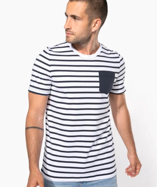 K378 - Gestreept T-shirt met zak en korte mouwen White / Navy Stripes