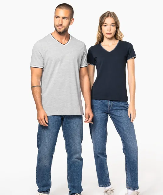 K374 - Heren-t-shirt piqué V-hals Navy / Light Grey / White