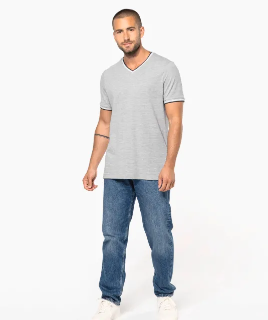 K374 - Heren-t-shirt piqué V-hals Navy / Light Grey / White