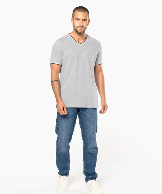 K374 - Heren-t-shirt piqué V-hals Navy / Light Grey / White