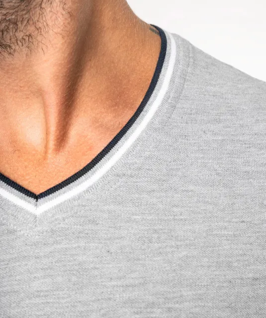 K374 - Heren-t-shirt piqué V-hals Navy / Light Grey / White