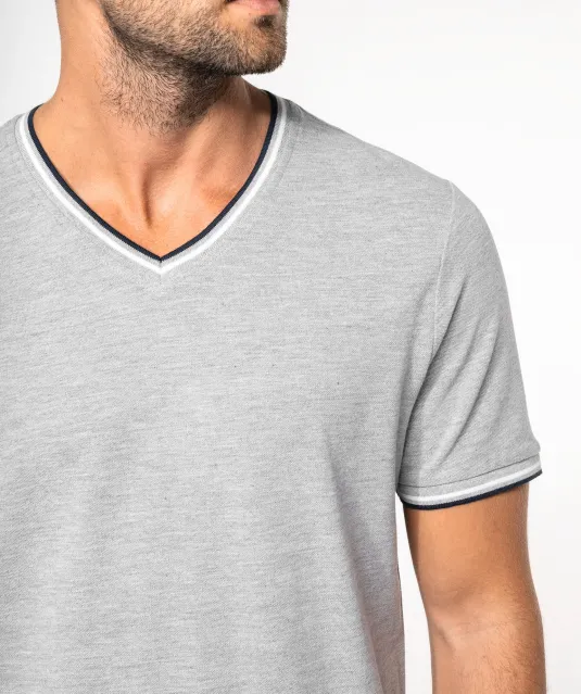 K374 - Heren-t-shirt piqué V-hals Navy / Light Grey / White